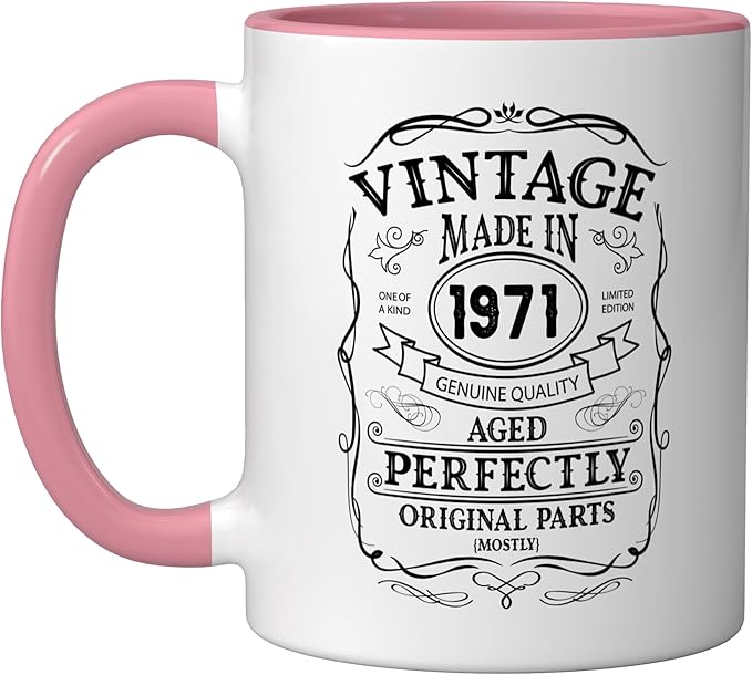 54th birthday, retro Vintage Design, man, woman 1971 Ceramic Mug, Pink/White