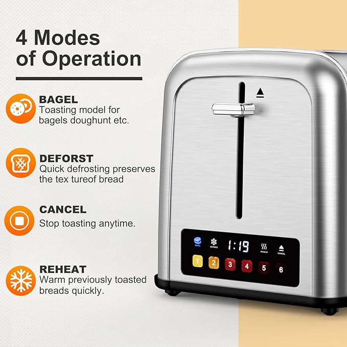 Toaster 2 Slice Retro Stainless Steel,Best Prime 2 Slice Toaster Wide Solt with 6 Shade Settings, Perfect for Waffles, Bagels and More Touch Screen Lainsten 238TC