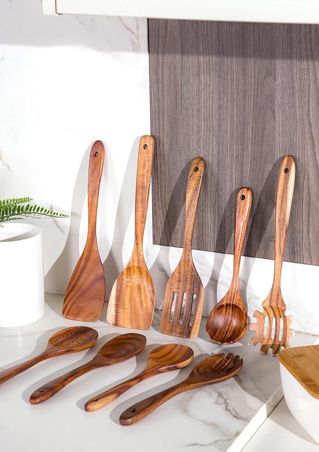Nucookery Wooden Cooking Utensils Set with Holder, Teak Wood Utensils, Ceramic Holder for Countertop with Protection Cork Bottom, Nonstick Spoons, Spatula Set, 10 Pcs Kitchen Decor, (Stone Black)