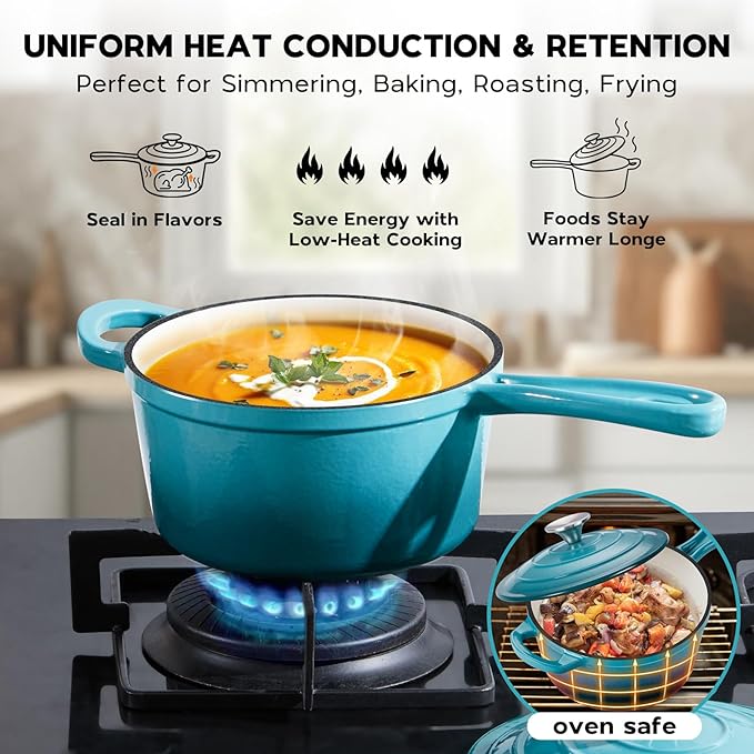 Onader 1QT Saucepan with Lid, Enameled Cast Iron Sauce Pan, Small Cast Iron Pot for Cooking, Enameled Dutch Oven Nonstick & Heavy Duty – Dark Cyan
