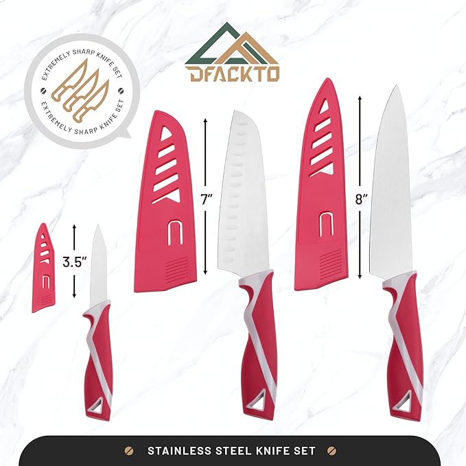 DFACKTO 4-Piece Kitchen Knife Set with Vegetable Peeler without Block – Stainless Steel Knives for Kitchen, Dishwasher Safe Cooking Knife Set with Covers, Sharp Cutting Knives for Cooking – Magenta