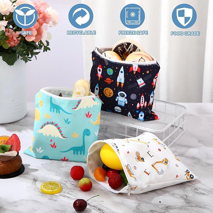 Chumia 6 Pcs Reusable Snack Bags Christmas Gifts Food Safety Washable Snack Bags Lunch with Zipper Portable Sandwich Bag Food Storage Pouch Double Layer(Stylish,7 x 7 Inches)