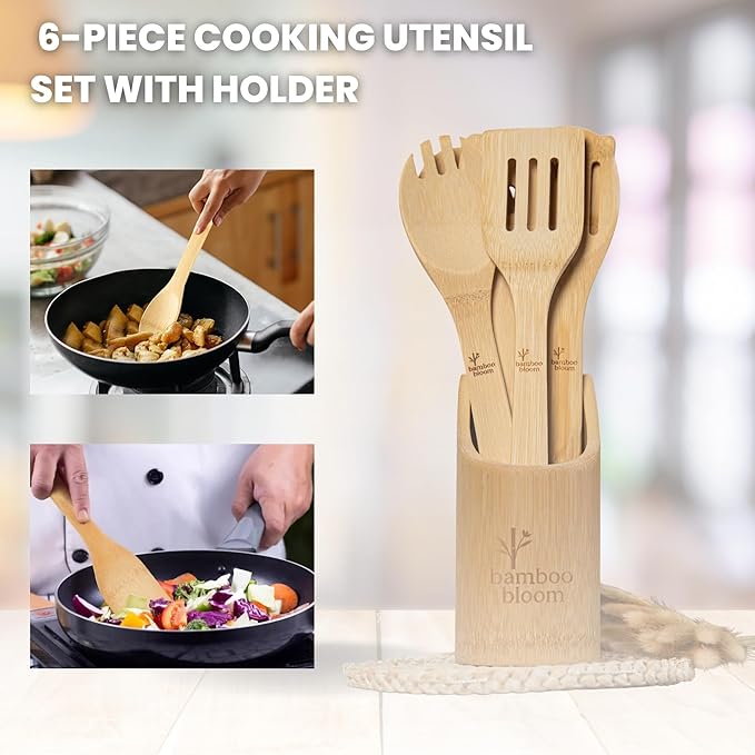 6 Piece kitchen utensils set - bamboo cooking utensils with comfort grip, including utensil holder, bamboo spoons, shovels & spatulas | wooden utensil set for non-stick pans, kitchen essentials