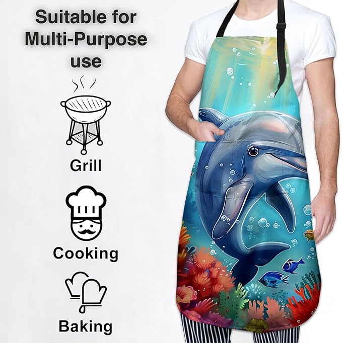 Cute Dolphin Apron for Women Men, Oxford Fabric Kitchen Cooking Chef Aprons