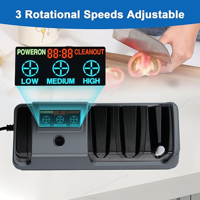 5-in-1 Electric Knife Sharpener for Kitchen Knives, 3-Stage Sharpener with 100% Diamond Abrasive, LCD Screen, Speed Adjustable, Knife Sharpener for All Kitchen Knives Quick Sharpening, Scissors