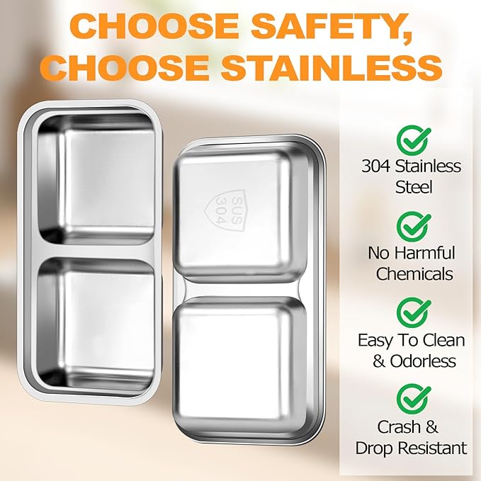 Stainless Steel Snack Containers with Lids, Reusable Bento Lunch Container Box, Food Storage, Leak Proof, Dishwasher-Safe, Grab and Go for Work, 6 Pack (Double Compartment)