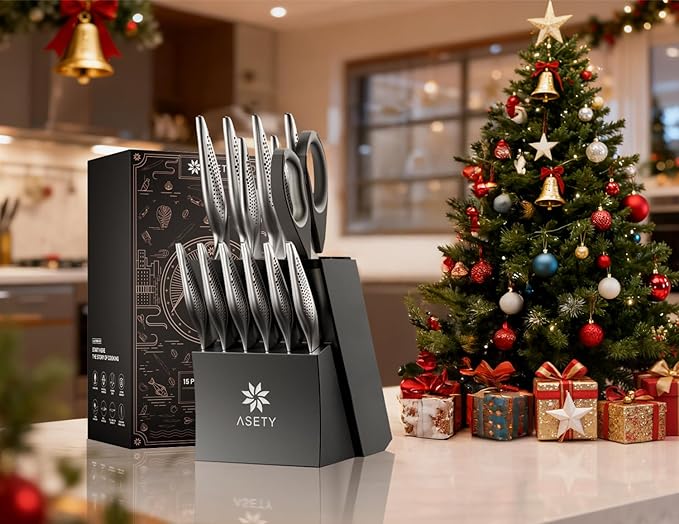 Knife Set - Ultra Sharp Knives Set for Kitchen with block, 15 PCS Stainless Steel Knife Set with Built-in Sharpener, Ergonomic Non-Slip Handle, Christmas Elegant Box for Men Women, Steel Gary