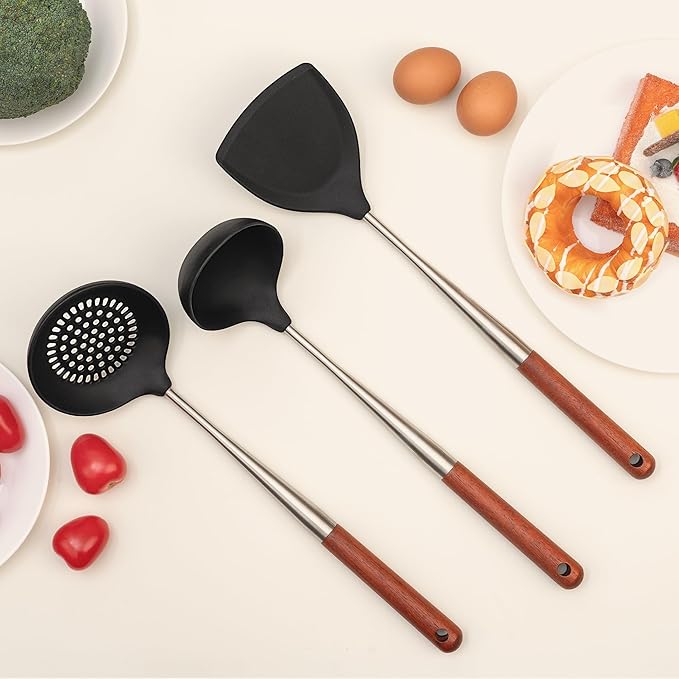 FJNATINH Silicone Spatula - Ladle - Skimmer Wok Tool Set,Stainless Steel Non Stick Heat-Resistant Cooking Utensils BPA Free Kitchen Utensils Cookware with Wooden Handle, Pack of 3