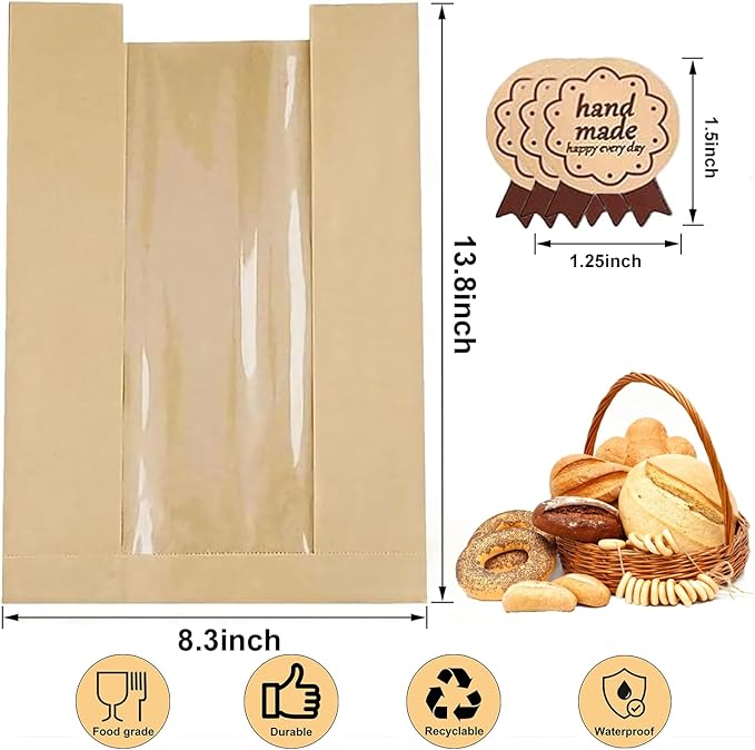 50 Pack thicker Large Sourdough Bread bags for Homemade Breads(13.7x8.26x3.54in).with Window bags & 75pcs label,for Packaging and Storage of Baked Goods