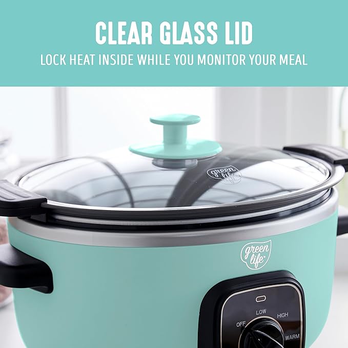 GreenLife 3.5QT Slow Cooker, PFAS-Free Non-Toxic Ceramic Nonstick Removable Interior Bowl, Programmable, Keep Warm, Stovetop & Oven Safe, Dishwasher Safe Crock, Glass Lid, Turquoise