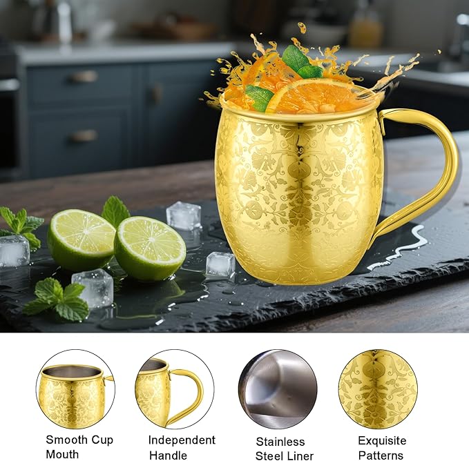 Moscow Mule Mugs - 18 Oz Copper-Plated Fine Craftsmanship Etched Mugs,304 Stainless Steel-Lined Mule Cups,For Cold Drinks, Beer, Wine, Bars, Parties