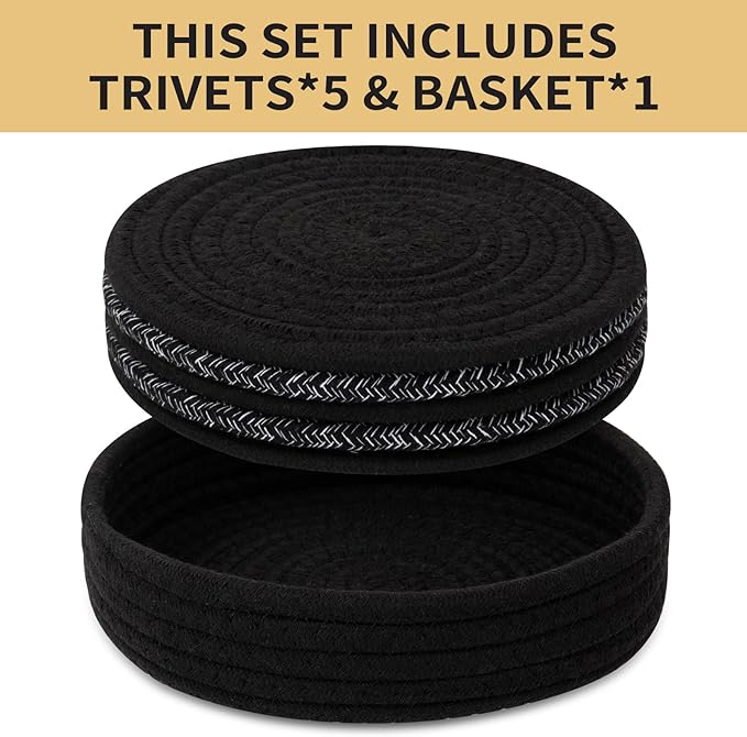 Trivets for Hot Dishes, Pots and Pans, Heat Resistant Hot Pads with Storage Basket, Pot Holders for Kitchen Countertop, Trivet Mats Home Essentials Farmhouse Decor (Black 5 Pcs)
