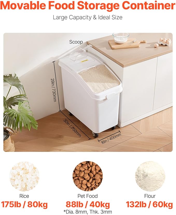 VEVOR 27 Gallon food storage containers 500 Cup Ingredient Bin with Scoop and Sliding Lid Commercial Food Container Ideal for rice storage, dog food container, flour, and sugar containers, White