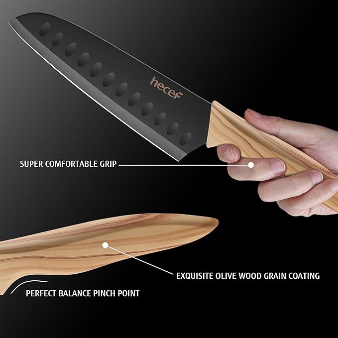 hecef Vintage Kitchen Knife Set of 3, Stainless Steel Blade with Black Non-stick Coating, Sharp Kitchen Knives Includes Santoku, Utility, Paring