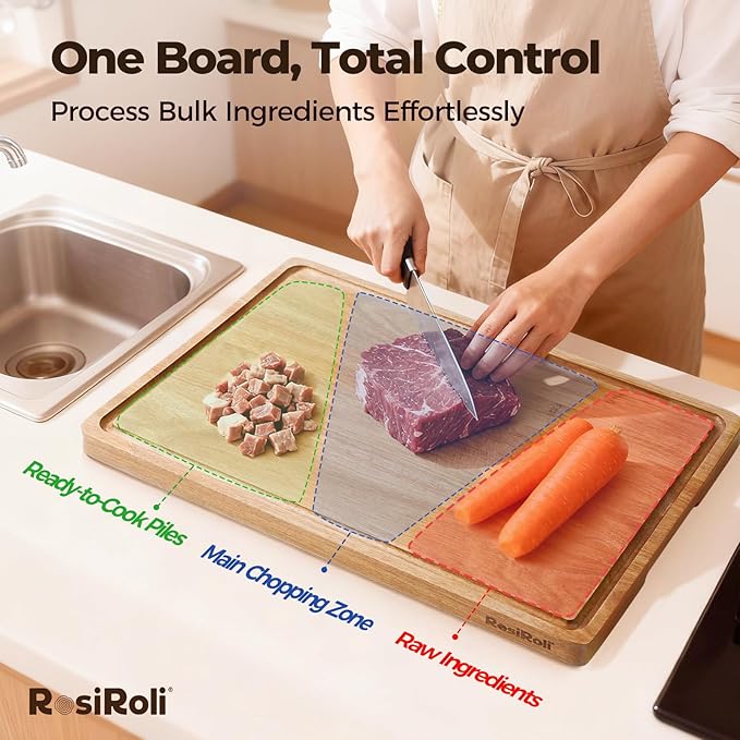 Acacia Wood Cutting Board for Kitchen - 1 inch Thick FSC Certified Wood Charcuterie Cheese Board with Side Handles and Juice Grooves, Wooden Chopping Block for Meat and Veggies, 17x12 inch
