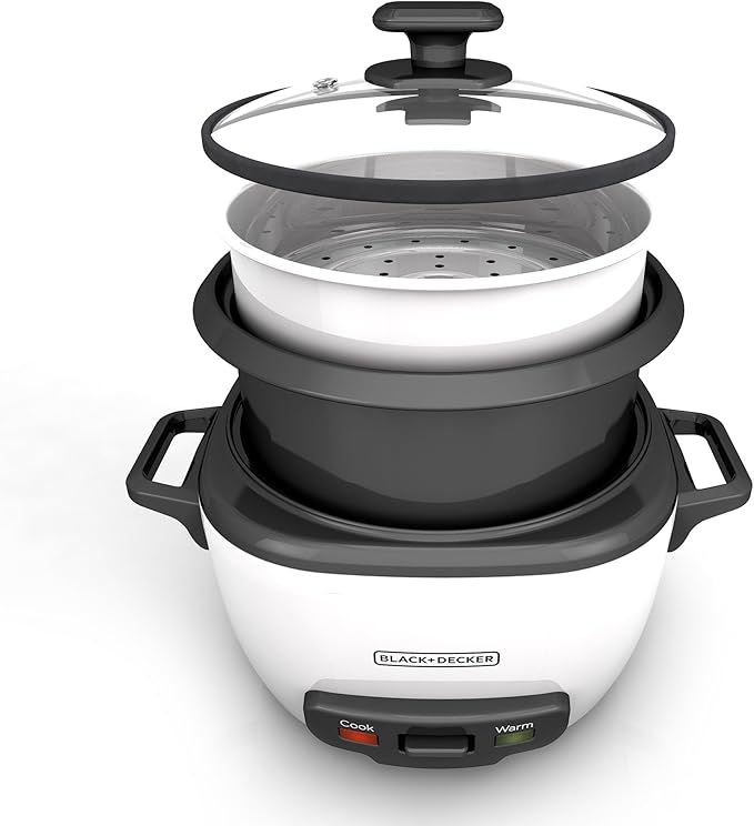 BLACK+DECKER Rice Cooker 28 Cups Cooked (14 Cups Uncooked) with Steaming Basket, Removable Non-Stick Bowl, White