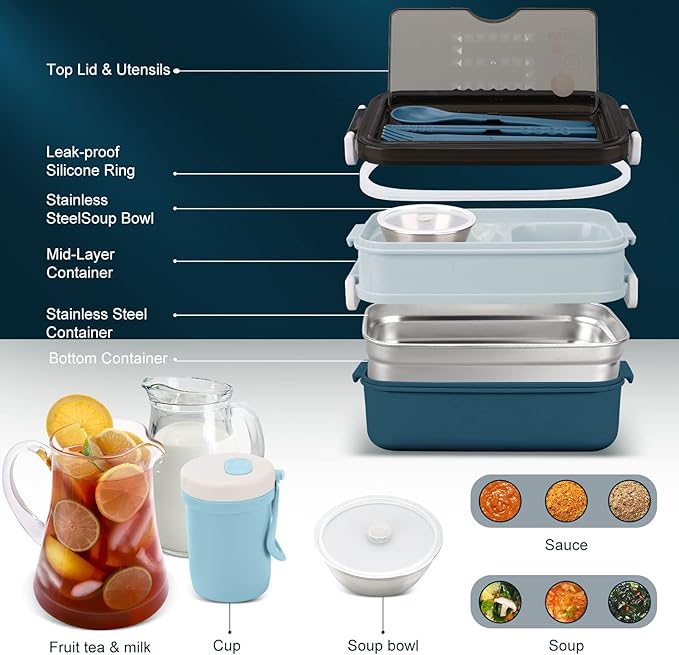 Adult Bento Lunch Box Kit, Bento Boxes Portable Lunch Box, Adult Bento Box with Lunch Bag, Bento Lunch Containers for Women, 1200ml Large Capacity Lunchbox BPA-Free(Blue Metal)