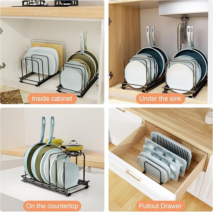 Cutting Board Organizer Rack, 1-Pack Adjustable Bakeware Organizer Holder for Cabinet Countertop, 7 Slots Metal Rack Cookie Baking Sheet, Pot Pan Lids Divider Kitchen Organization Storage, Black