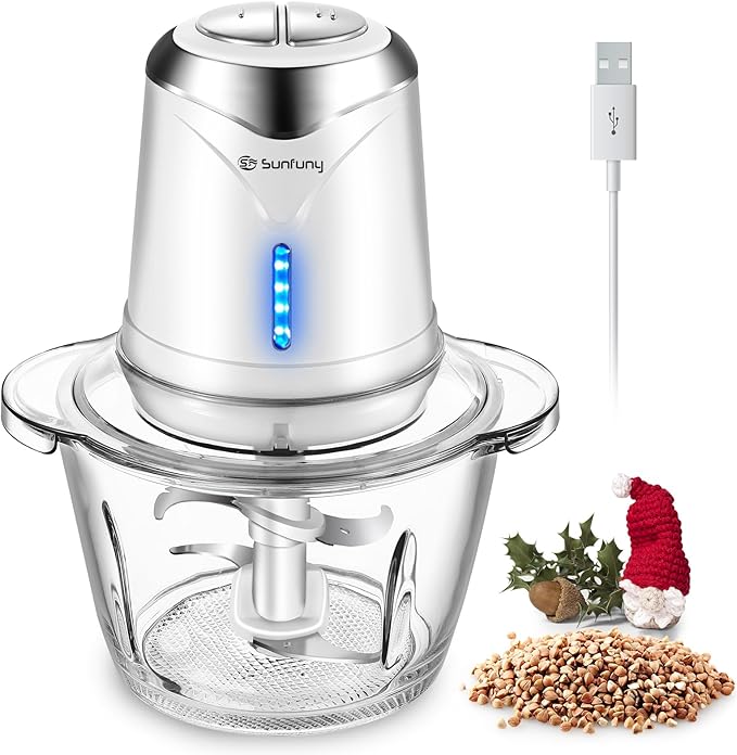 Cordless Food Processor Electric Chopper, Small Wireless Processor 6000mAh Battery with 5cup/1.2L Glass Bowl for Vegetable, Onion, Baby Food, Mini Garlic Chopper Portable Meat Blender Mixer, White
