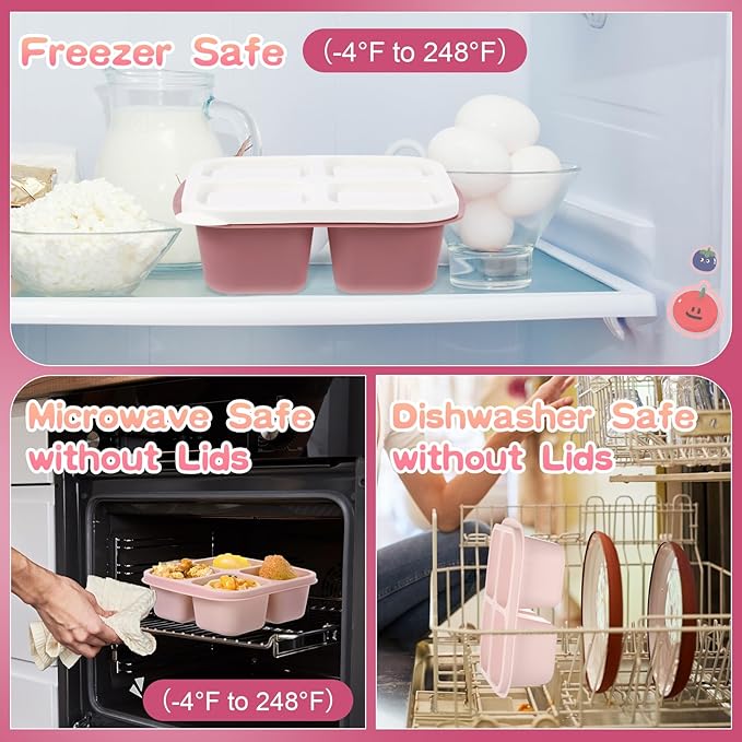 Honeydak 5 Pack Snack Containers 4 Compartment Bento Snack Boxes Reusable Lunchable Containers with Lids Divided Meal Prep Lunch Food Storage Box for School Work Travel(Rose Red Ombre,Equal)