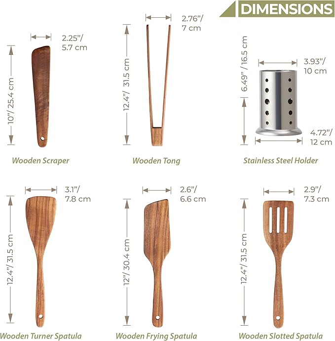 OOZi 6-Piece Acacia Wood Cooking Spatula Set – Flip, Stir & Serve Effortlessly with Turner, Tongs, Scraper & Stainless Holder
