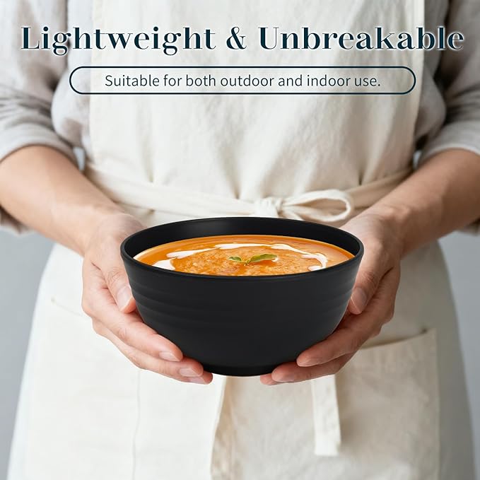 Cereal Bowls 26 OZ, Unbreakable Wheat Straw Bowl 8 PCS, Reusable Plastic Bowl Set, Microwave and Dishwasher Safe Kitchen bowls for Serving, Dinner, Soup, Snack, Fruit - Black