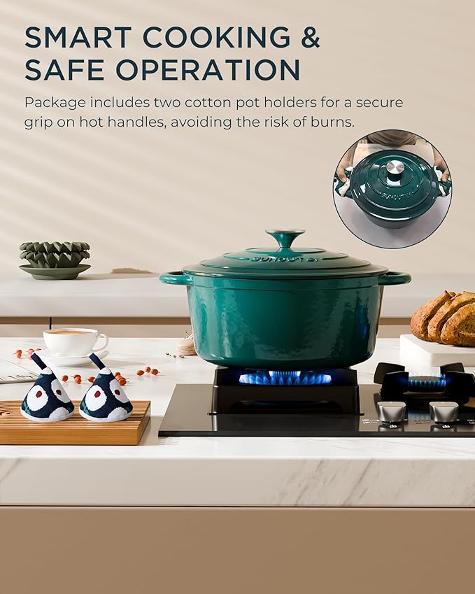 Enameled Cast Iron Dutch Oven - 6QT Pot with Lid & Cotton Potholders - Heavy-Duty Cookware for Braising, Stews, Roasting, Bread Baking, Oven Safe up to 500°F & Across All Stovetops, Bottle Green