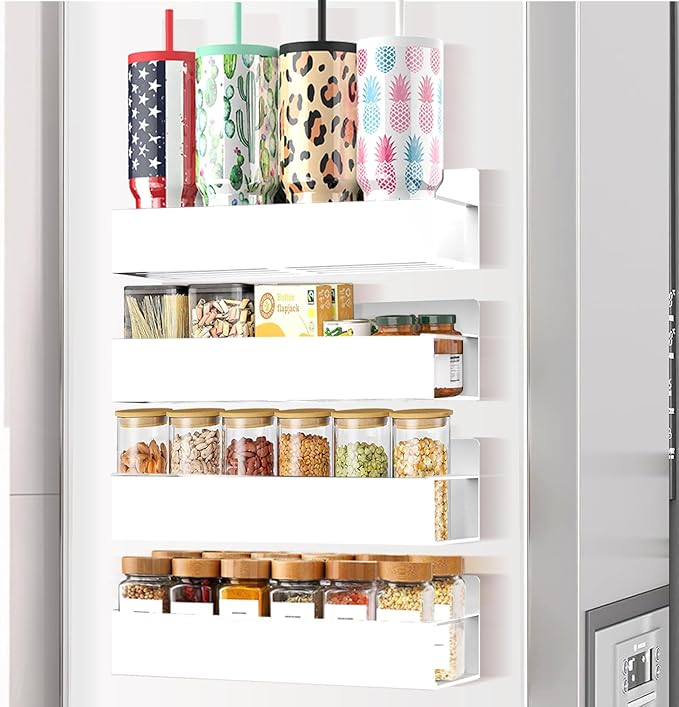 Magnetic Spice Rack for Refrigerator Seasoning Organizer for Spice Fridge Shelf storage Magnetic Shelf with Hook for Oven (4pack-White)