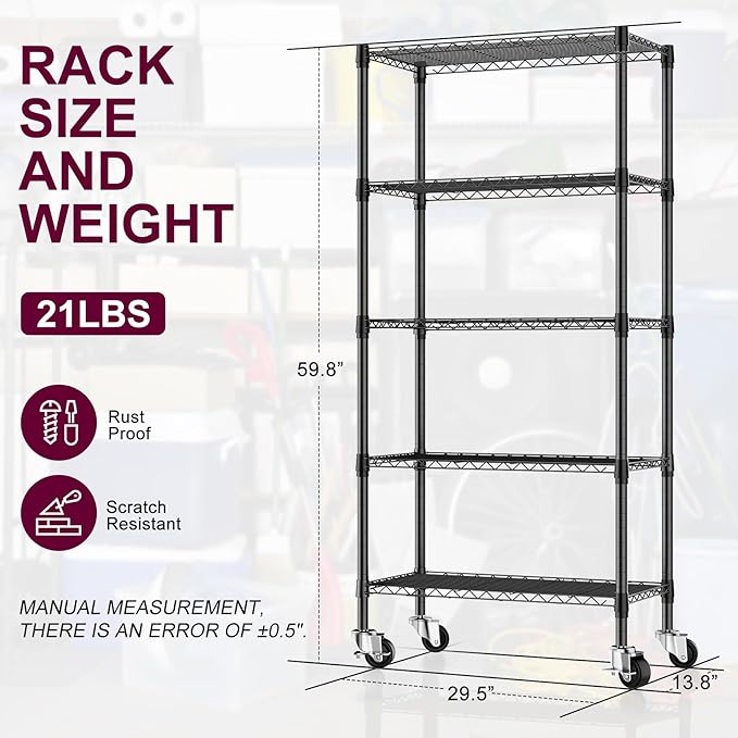 5 Tier Wire Shelving with Wheels Casters, 750 lbs Heavy Duty Storage Shelves Metal Shelving, Rolling Adjustable Shelving Unit Wire Rack for Kitchen, Garage, Pantry 14" D x 30" W x 60" H