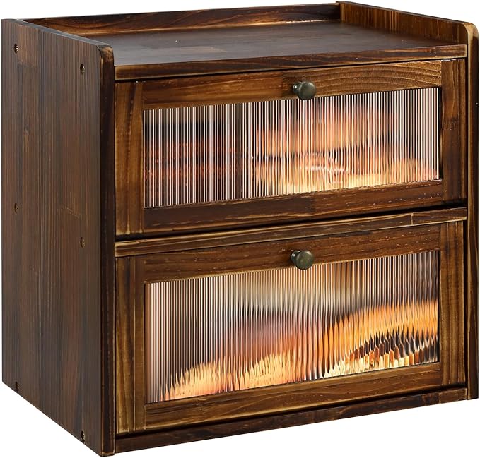 Bread Box for Kitchen Countertop, 2 Layer Large Capacity Wooden Bread Storage Container with Clear Wavy Acrylic Window Breadbox Holder Keeper Farmhouse Food Organizer