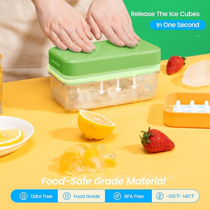 Ice Cube Tray with Lid and Bin, 28 pcs Ice Cubes Molds, Ice Trays for Freezer, Ice Cube Tray Mold, with 1 tray, Ice Freezer Container, Spill-Resistant Removable Lid & Ice Scoop, for Whiskey,Cocktail