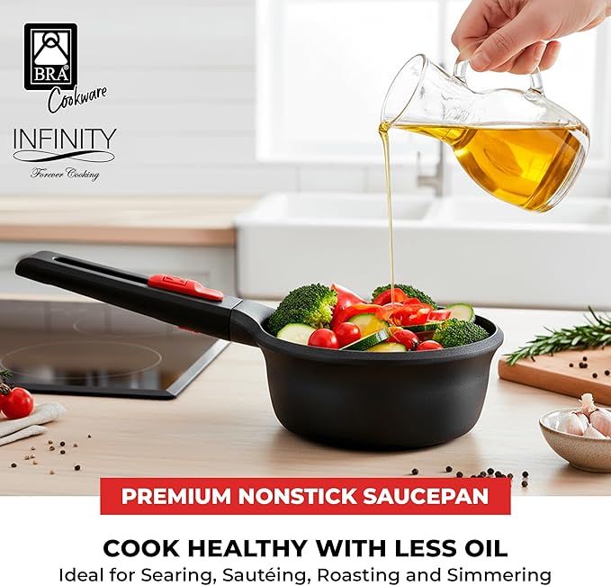 BRA COOKWARE Infinity Nonstick Saucepan with Glass Lid | 6.3 Inch 1.2 Quart Deep Pot | PFAS Free Soup Pot | Deep Pan Ideal for Boiling or Warming on All Cooktops incl. Induction | Removable Handle