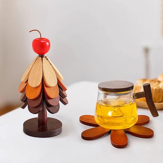 Christmas Tree Trivet Set of 5, Foldable Bamboo Hot Pad Holder for Hot Pots/Pans/Dishes, Walnut Brown Kitchen Serving Tray, Holiday Table Decor (Rainbow-Colored)
