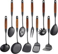 Stainless Steel Kitchen Utensils Set with Wood Handle, 18/10 Metal Cooking Utensils Set, 10 Piece - Spatula, Spoon, Ladle, Skimmer, Slotted Turners, Pasta,Turner, Ladl, Fork