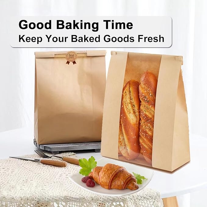 100 Pack Lmoszuak thicker Large Paper Bread Loaf Bags, for Homemade Bread (13.7x8.26x3.54in). with Window Bread bags & 125pcs Sealing Stickers,Suitable for Packaging and Storage of Baked Goods