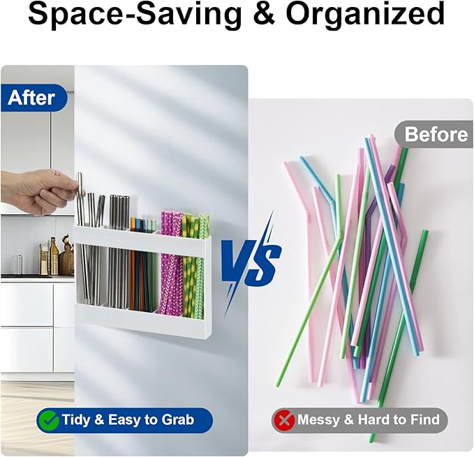 Upgraded Acrylic Straw Holder for Cabinet Door, Fridge & Countertop–Magnetic/Adhesive Dual Mount, Strong Hold, Space-Saving Straw Organizer with Adhesive Tape, Magnetic Sheet