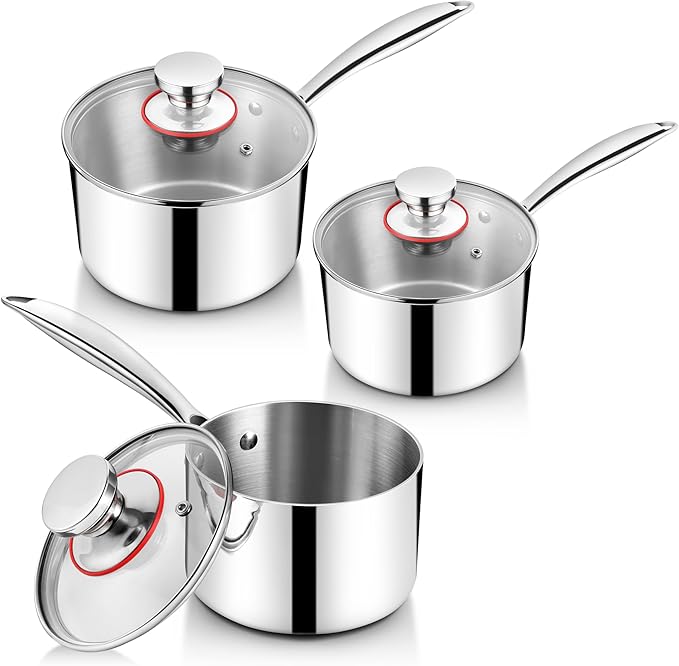 Saucepan Set of 6, Homikit 1QT & 2QT & 3QT 18/10 Stainless Steel Sauce Pans with Lids, Nonstick Tri-Ply Bottom Induction Compatible Small Cooking Pot kitchen Cookware Set, Dishwasher & Oven Safe