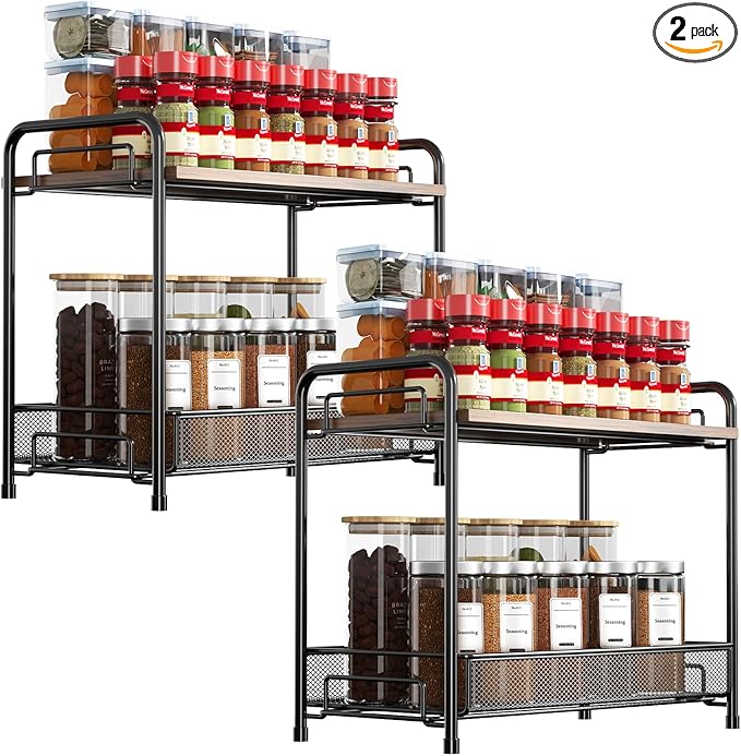 2 Pack Spice Rack Organizer for Countertop with Wood Top, 2-Tier Foldable Metal Rust-Proof Standing Large Seasoning Storage Shelf with Guardrail & Mesh Design for Kitchen Living Room, Black