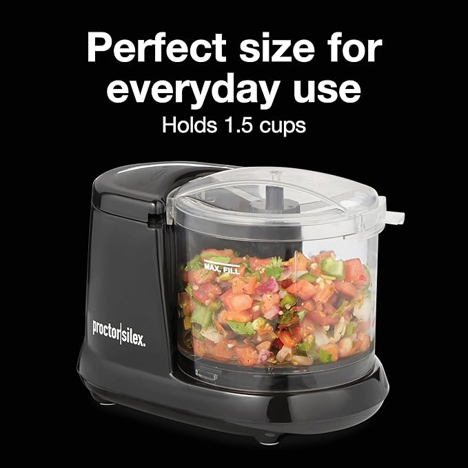 Proctor Silex Durable Electric Vegetable Chopper & Mini Food Processor for Chopping, Puree & Emulsify, 1.5 Cup, Black