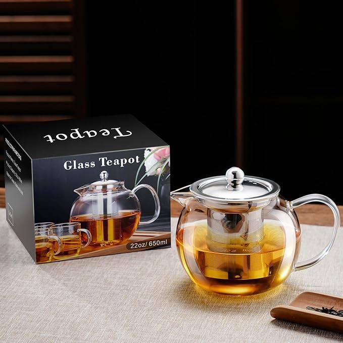 PARACITY Glass Teapot Stovetop 22 OZ/650ml, Tea pot with Removable 18/8 Stainless Steel Infuser, Borosilicate Clear Tea Kettle, Teapot Blooming and Loose Leaf Tea Maker Tea Brewer for Camping, Travel