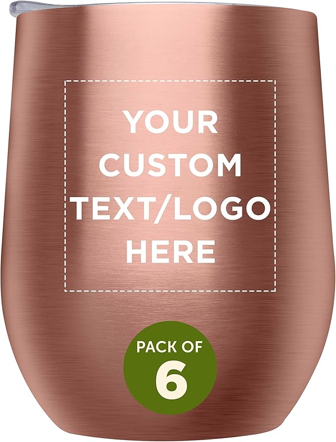 Custom Stemless Wine Glass Tumblers with Lids by Largo 11 oz. Set of 6, Personalized Bulk Pack - Perfect for Wine, Cocktails, Other Hot & Cold Beverages - Rose Gold