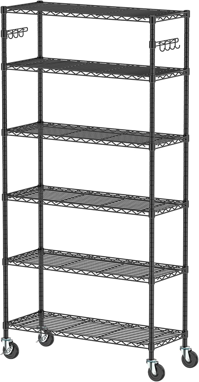 6 Tier Storage Shelves with Wheels Heavy Duty Wire Rolling Shelving Rack Organizer Garage Metal Steel Unit Adjustable Utility Commercial Sturdy Shelves for Kitchen Pantry Bathroom Closet Laundry