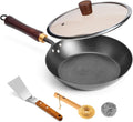 WANGYUANJI 10.2" Iron Skillet with Glass Lid & Spatula, Flat-Bottom Hand-Hammered Frying Pan, Uncoated & Unseasoned Small Iron Wok for Induction, Gas & Electric Stoves