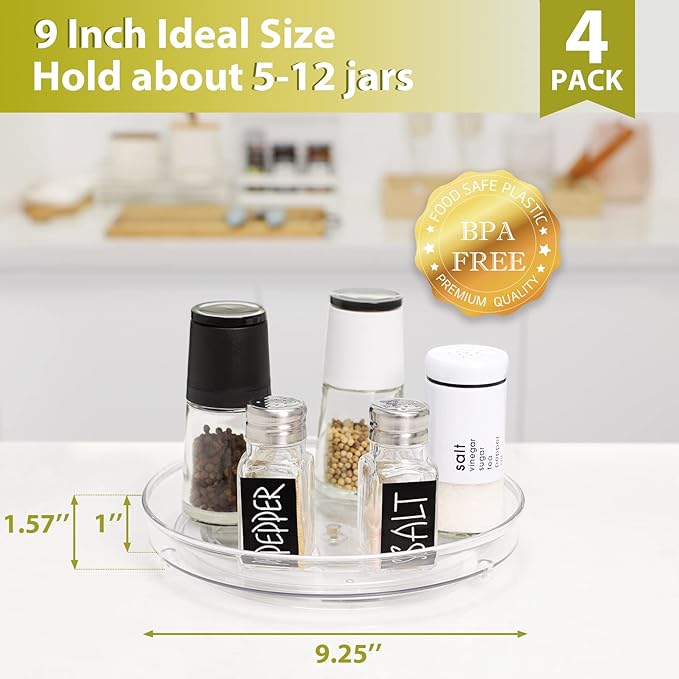 GUZON 4 Pack Lazy Susan Organizer, 9 Inch Clear Lazy Susan Turntable for Cabinet, BPA-Free Plastic Rotating Spice Rack for Kitchen, Pantry, Refrigerator, Bathroom, Dresser, Table, Countertop