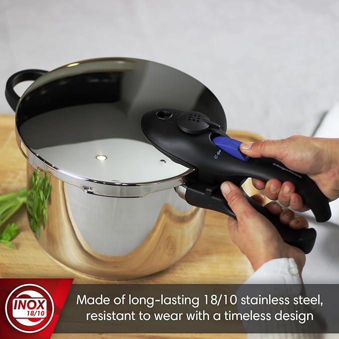 MAGEFESA Favorit 6.3 Qt Pressure Cooker, 18/10 Stainless Steel Fast Cooker for Quick & Healthy Meals, Induction Compatible, Works on All Stovetops