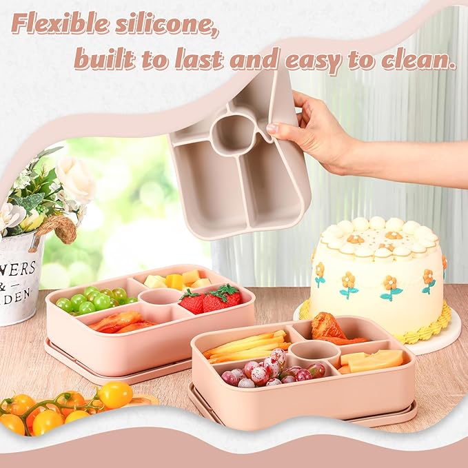4 Pack Silicone Bento Boxes for Adults, 5 Compartment Reusable Lunch Containers with Sauce Section, Leakproof Meal Prep Snack Box Microwave & Dishwasher Safe for Work School Office(Light Color)