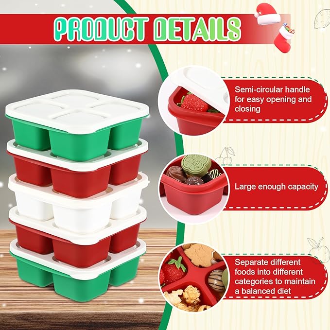Honeydak 5 Pack Snack Containers 4 Compartment Bento Snack Boxes Reusable Lunchable Containers with Lids Divided Meal Prep Lunch Food Storage Box for School Work Travel(Christmas,Equal)