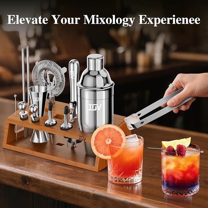 IOV Cocktail Shaker Set Bartender Kit with Stand | Bar Set Drink Mixer Set Includes Martini Shaker, Jigger, Strainer, Mixing Spoon, Muddler, Recipe Book | Home Bar Accessories Gift Set (Silver)