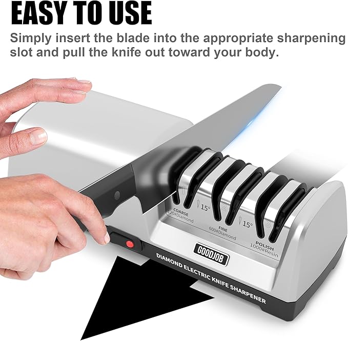 Electric Knife Sharpener for Kitchen Knives - Goodjob Automatic Professional Knife Sharpening System with Diamond Abrasives and Precision Angle Guides, 3 Stage Ceramic Knife Sharpeners Tool