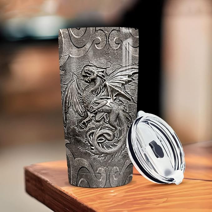 winorax Dragon Tumbler Metal Style Fossil Dragon Lover Viking Celtic Tumblers Stainless Steel 20oz Insulated Travel Coffee Mug Gifts for Men Women Birthday Christmas Presents